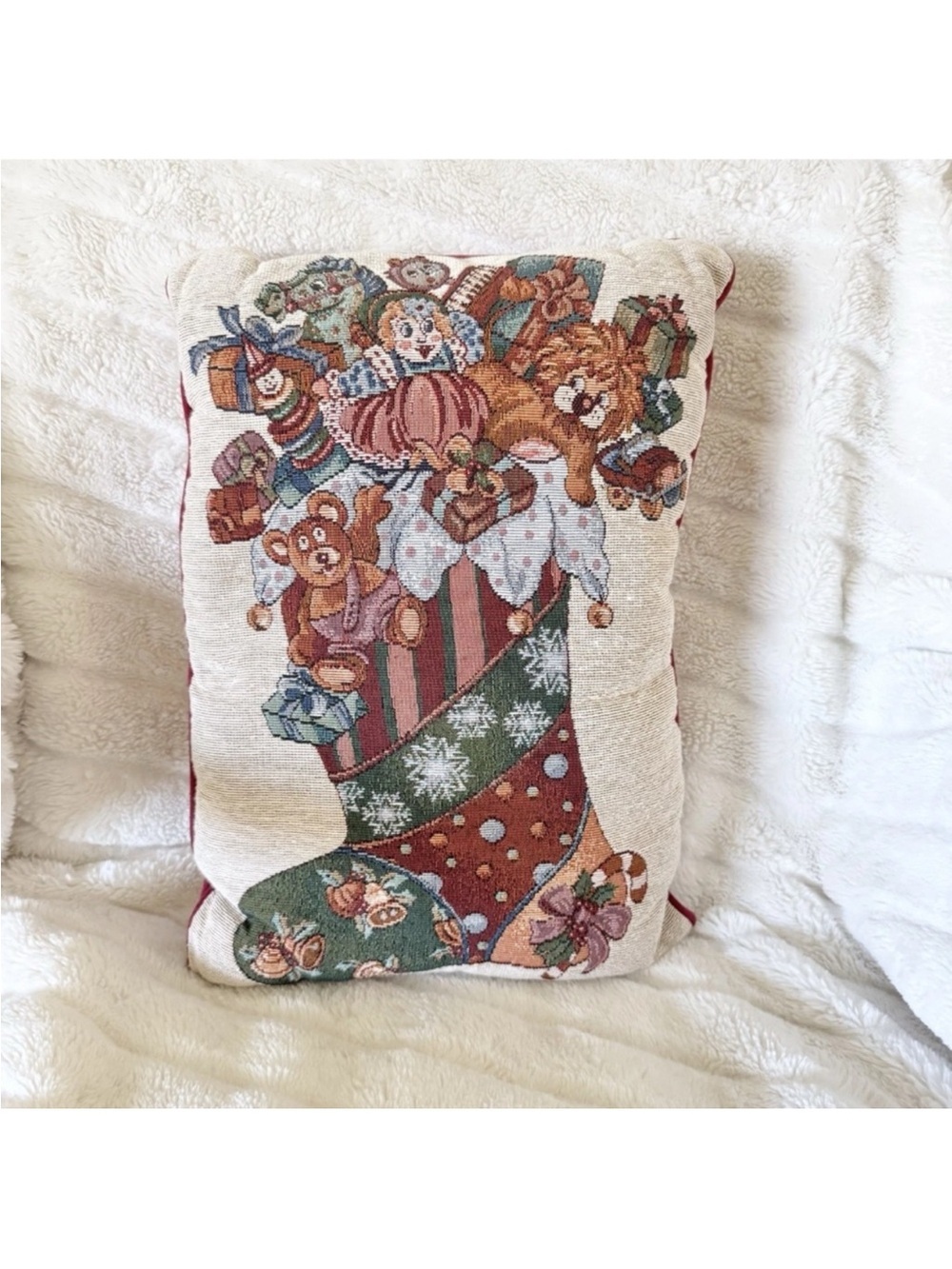 Vintage Tapestry Throw Pillow Christmas Toys In A Stocking